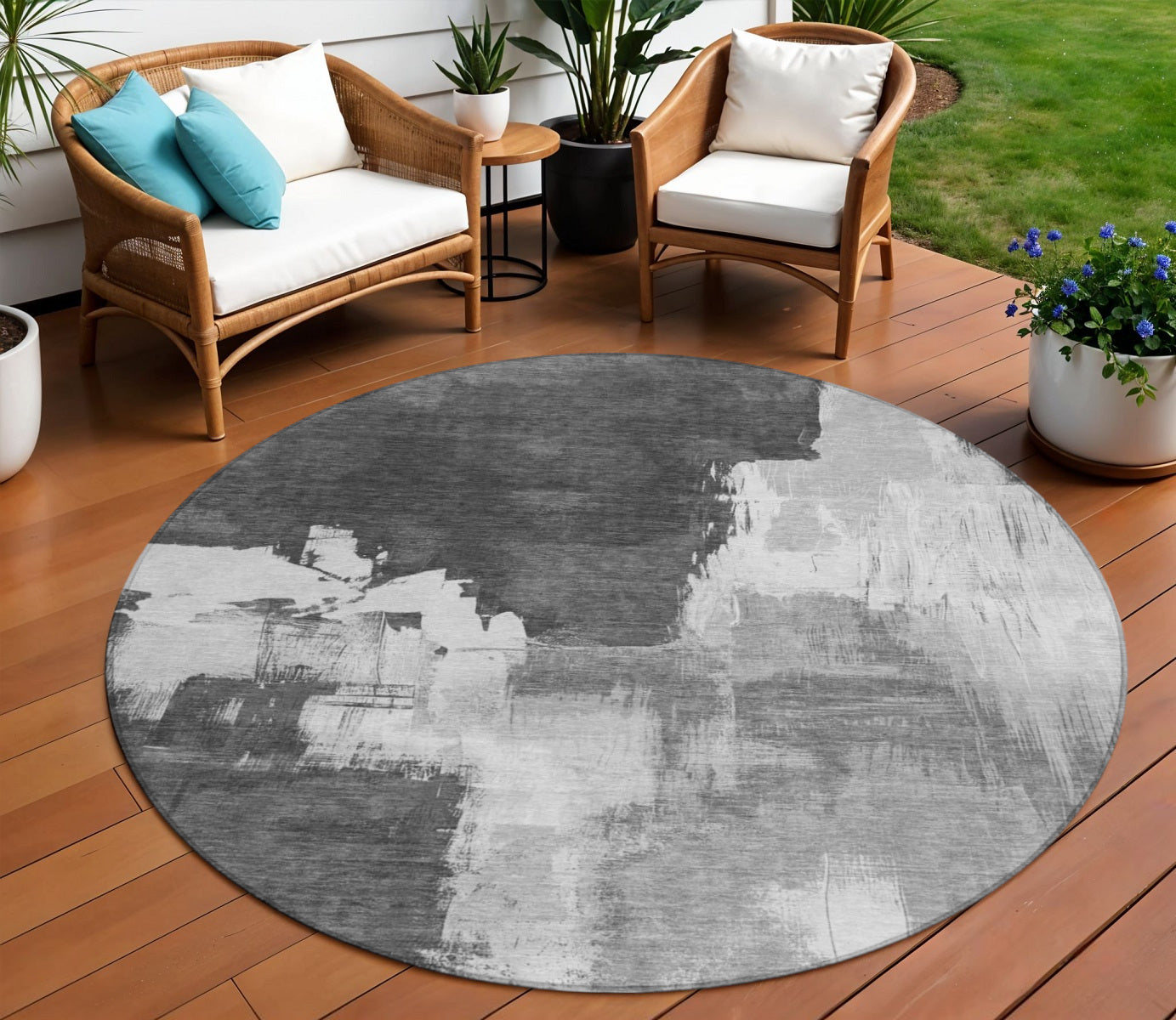 8 Gray And Smoky Black Round Abstract Washable Indoor Outdoor Area Rug