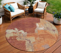 8 Orange And Burnt Orange Round Abstract Washable Indoor Outdoor Area Rug
