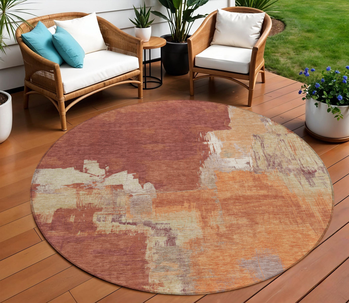 8 Orange And Burnt Orange Round Abstract Washable Indoor Outdoor Area Rug
