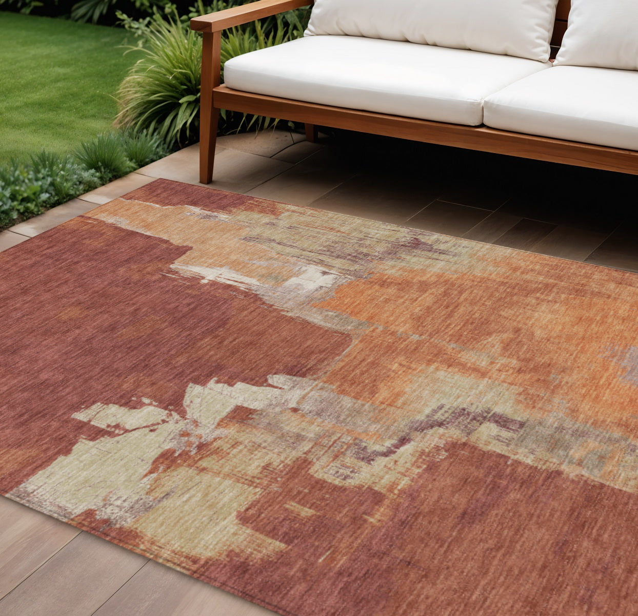 10 X 14 Orange And Burnt Orange Abstract Washable Indoor Outdoor Area Rug