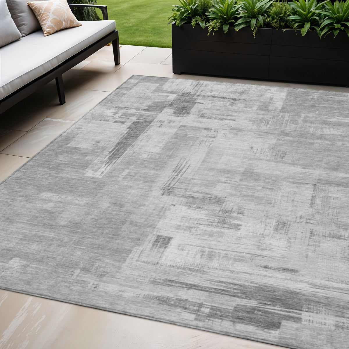 5 X 8 Gray And Off White Abstract Washable Indoor Outdoor Area Rug