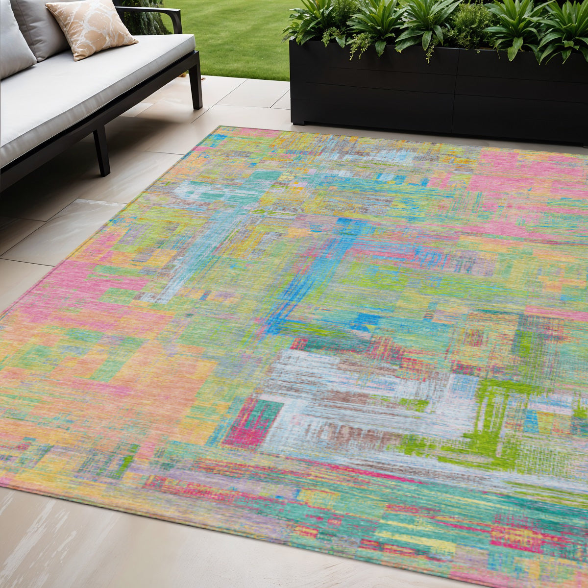 5 X 8 Pink Key Lime And Sky Blue Abstract Washable Indoor Outdoor Area Rug