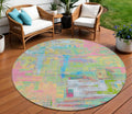 8 Pink Key Lime And Sky Blue Round Abstract Washable Indoor Outdoor Area Rug