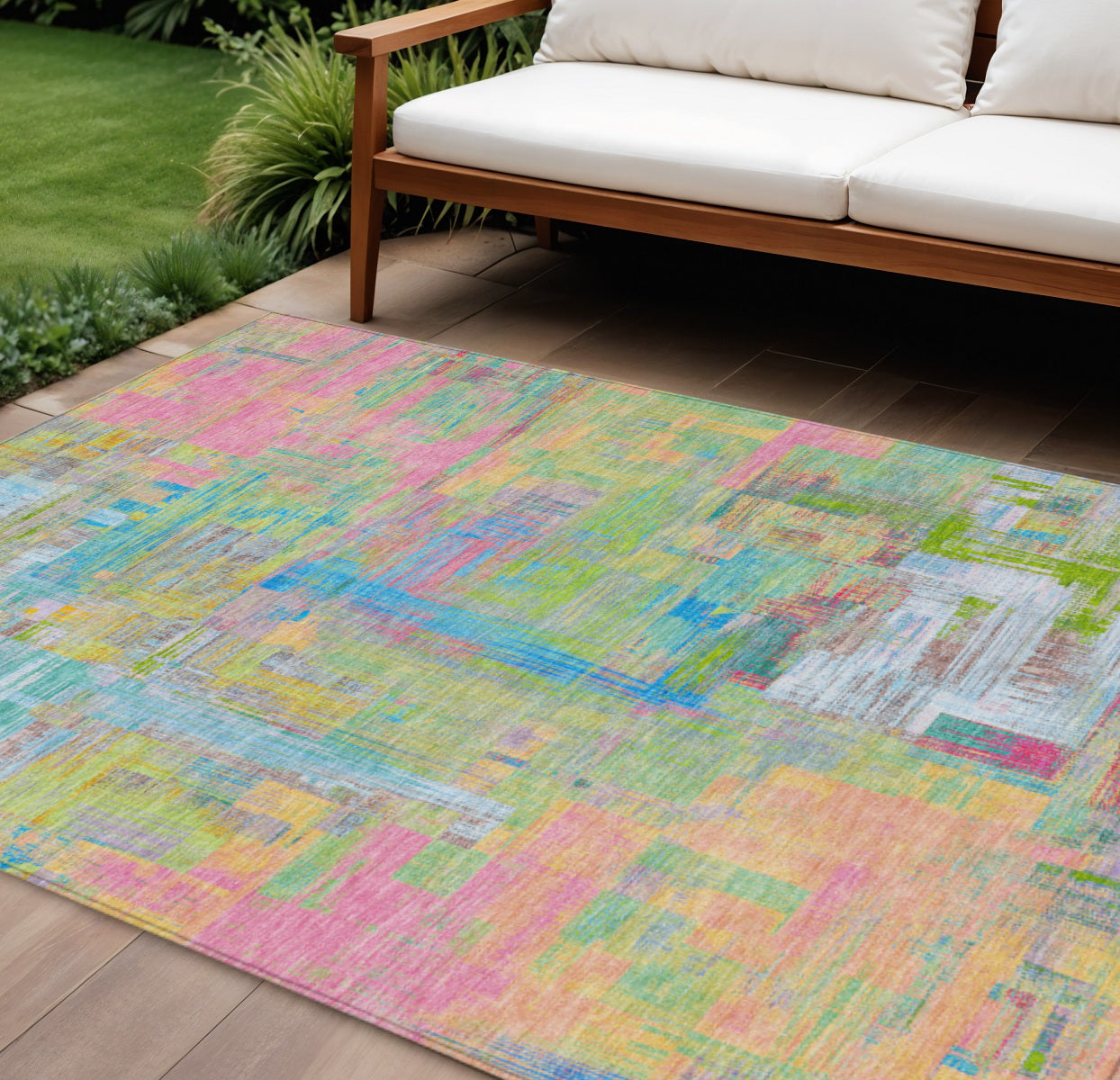8 X 10 Pink Key Lime And Sky Blue Abstract Washable Indoor Outdoor Area Rug
