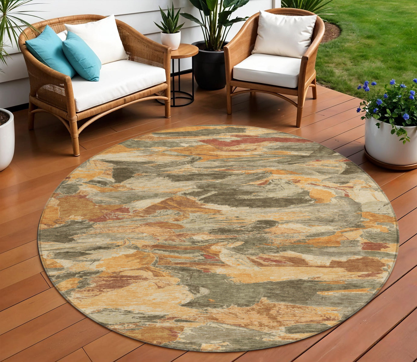 8 Copper And Orange Round Abstract Washable Indoor Outdoor Area Rug