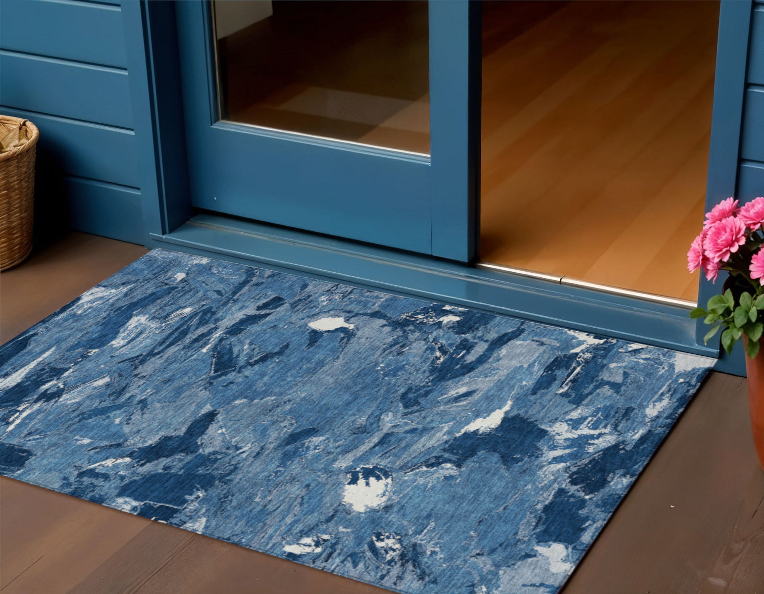 3 X 5 Navy Blue And Blue Abstract Washable Indoor Outdoor Area Rug