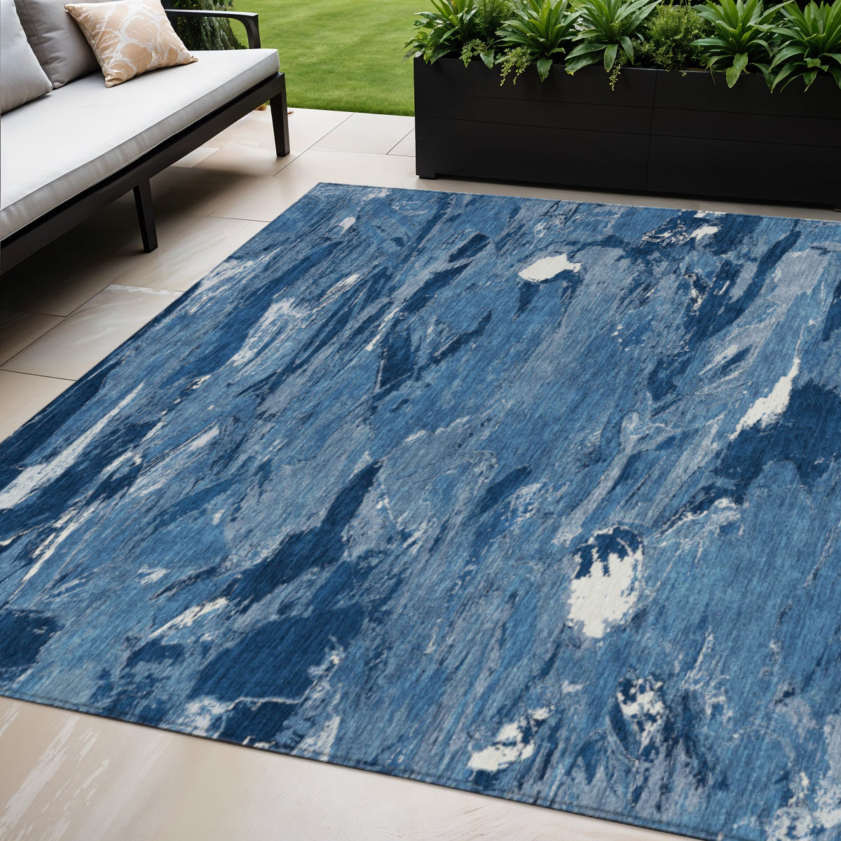 5 X 8 Navy Blue And Blue Abstract Washable Indoor Outdoor Area Rug