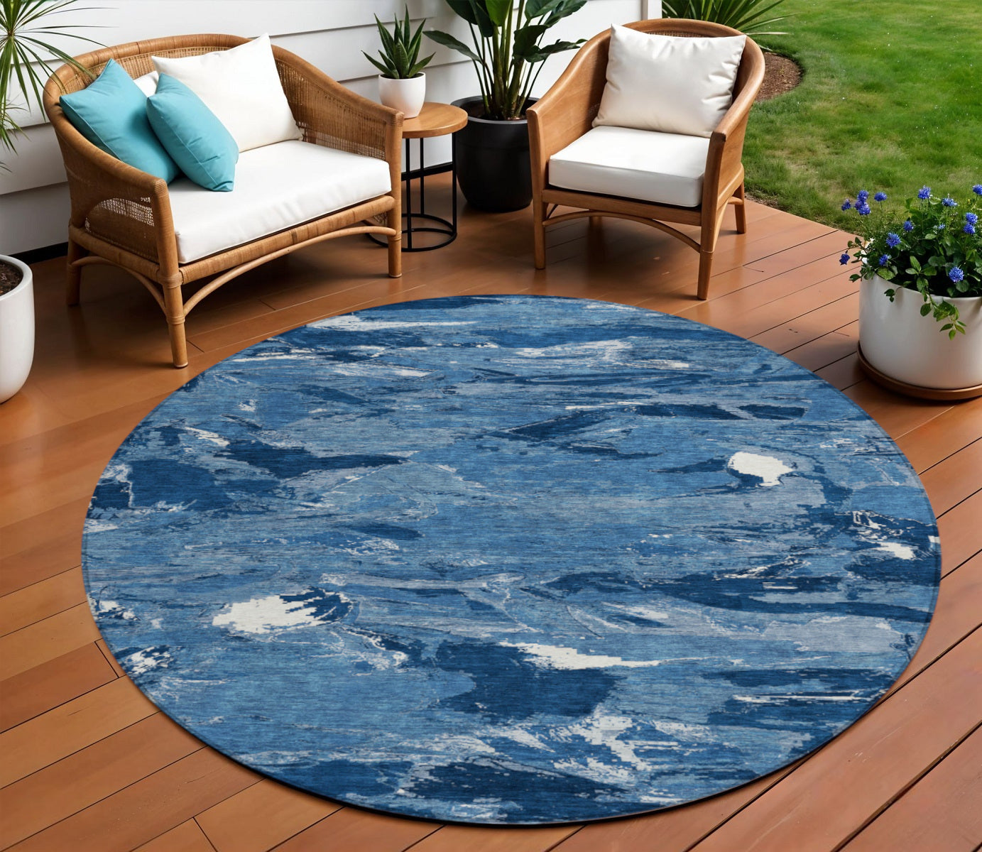 8 Navy Blue And Blue Round Abstract Washable Indoor Outdoor Area Rug