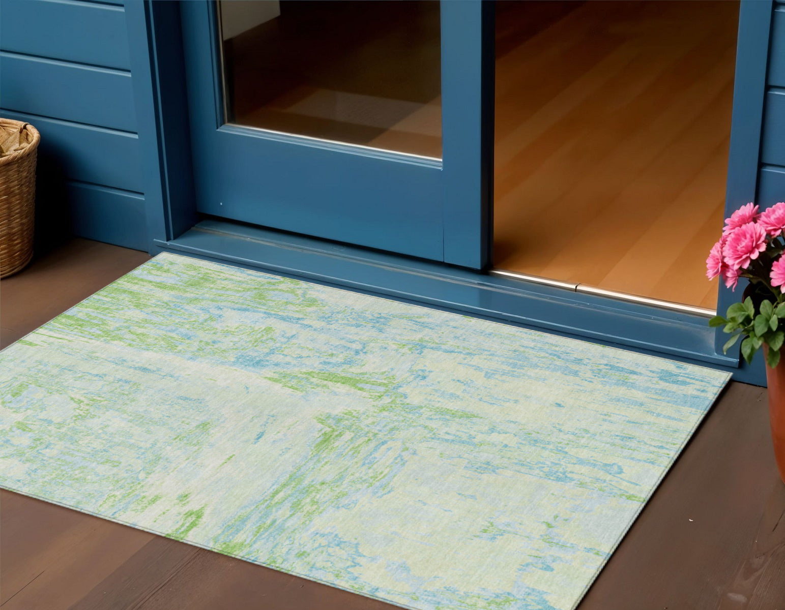 3 X 5 Mint Green And Blue Abstract Washable Indoor Outdoor Area Rug