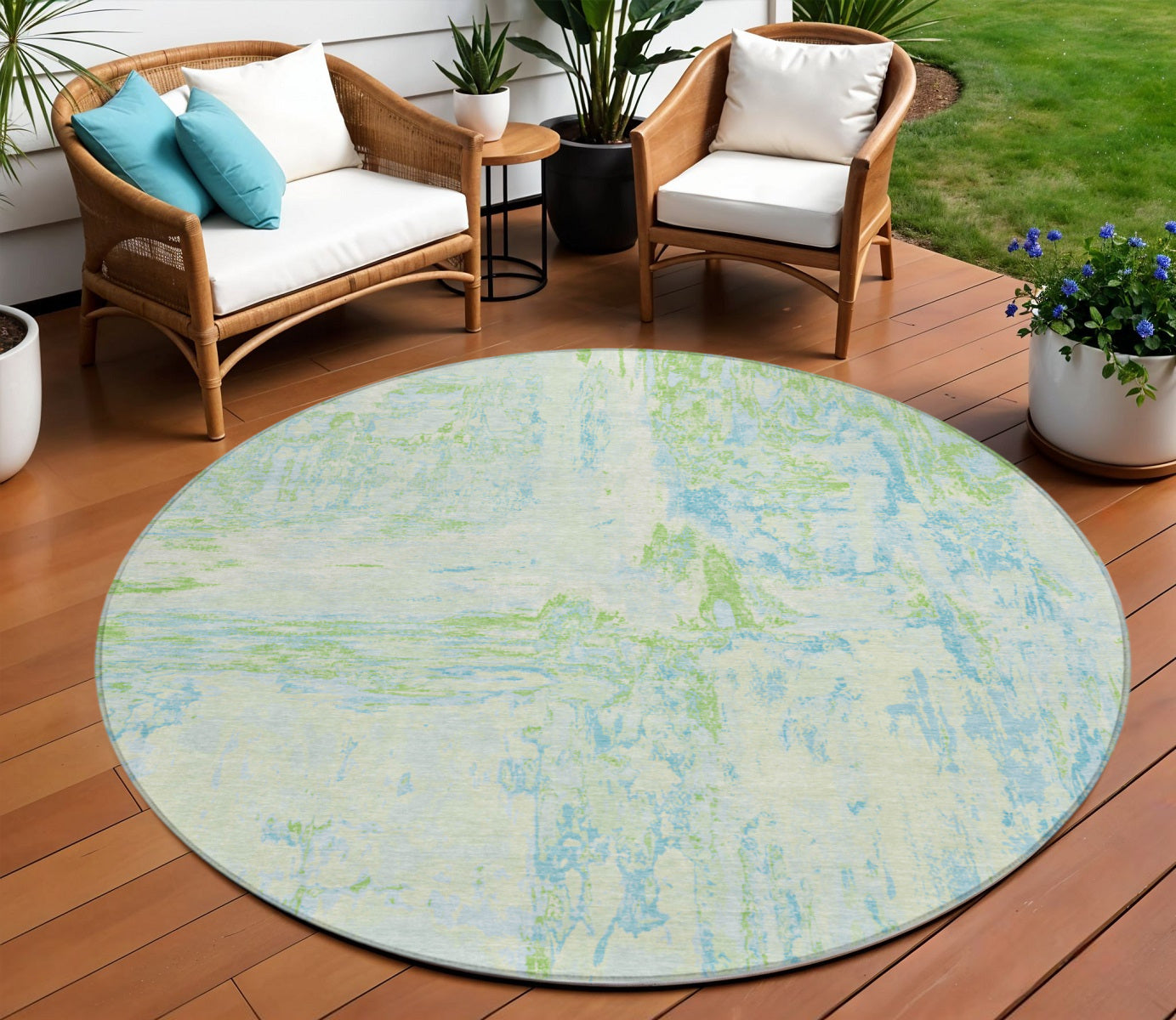 8 Mint Green And Blue Round Abstract Washable Indoor Outdoor Area Rug