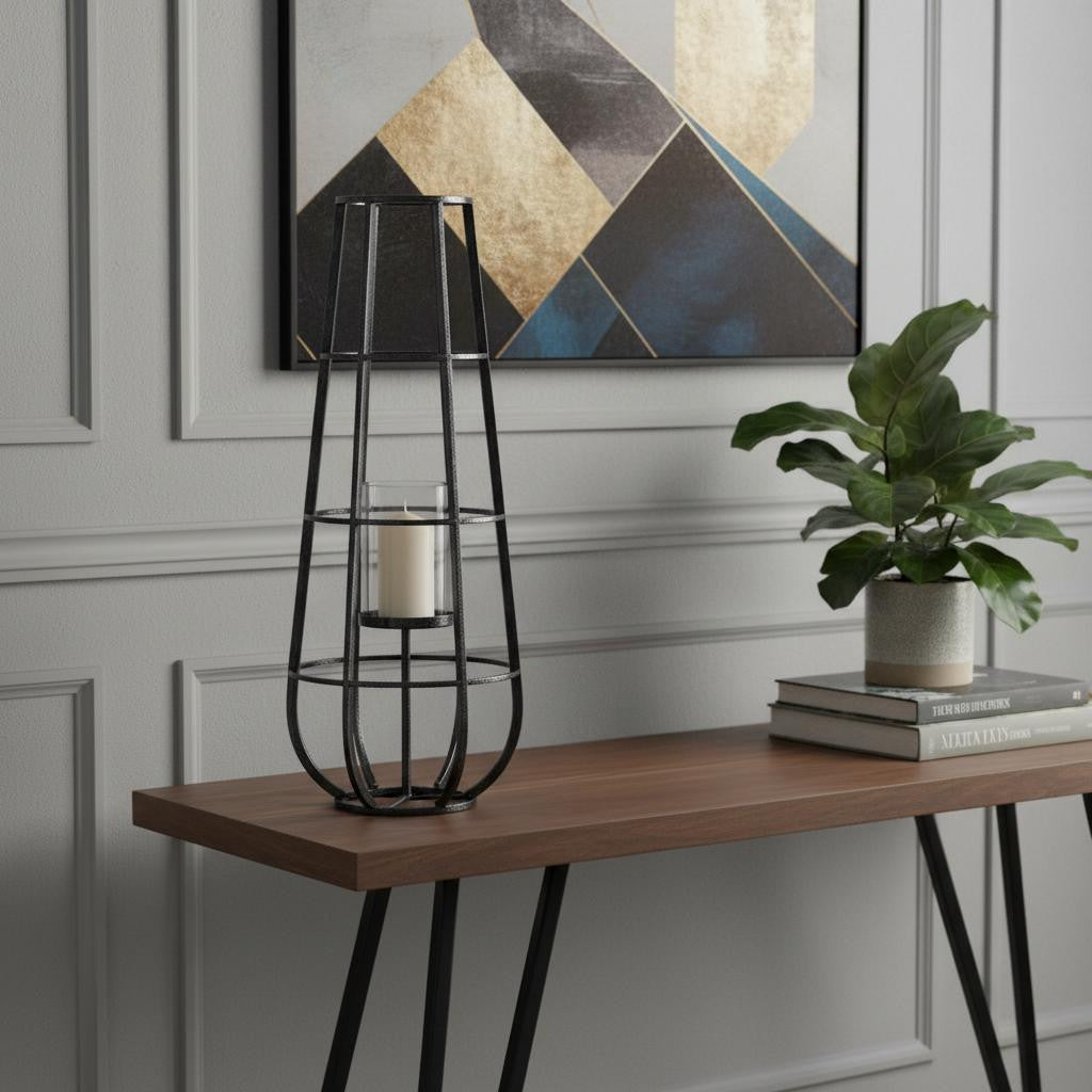 30 Black Distressed Geometric Metal And Glass Lantern Candle Holder