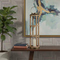 35 Natural And Brass Distressed Geometric Solid Wood And Metal Tabletop Lantern Candle Holder
