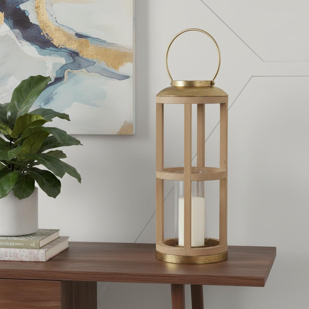 26 Natural And Bronze Distressed Geometric Solid Wood And Metal Tabletop Lantern Candle Holder