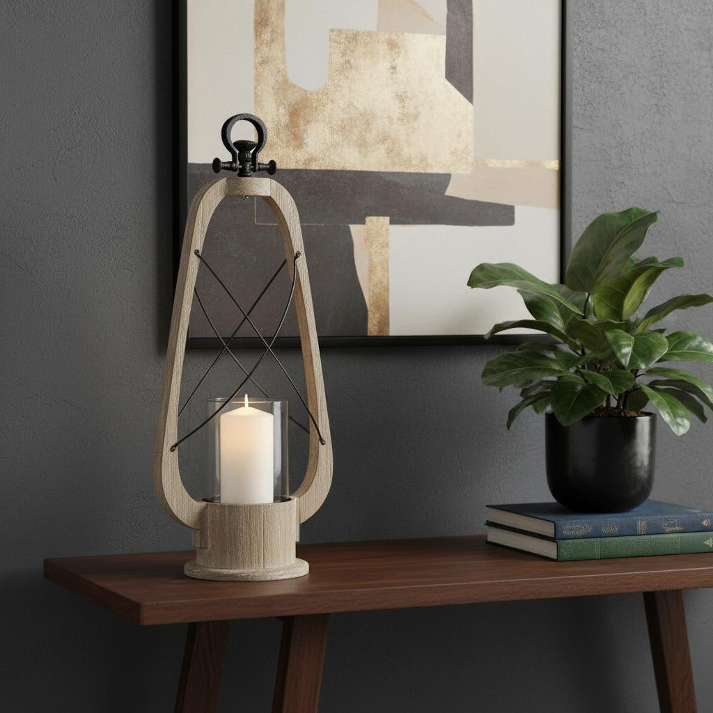 25 Brown Distressed Abstract Solid Wood And Metal Tabletop Lantern Candle Holder