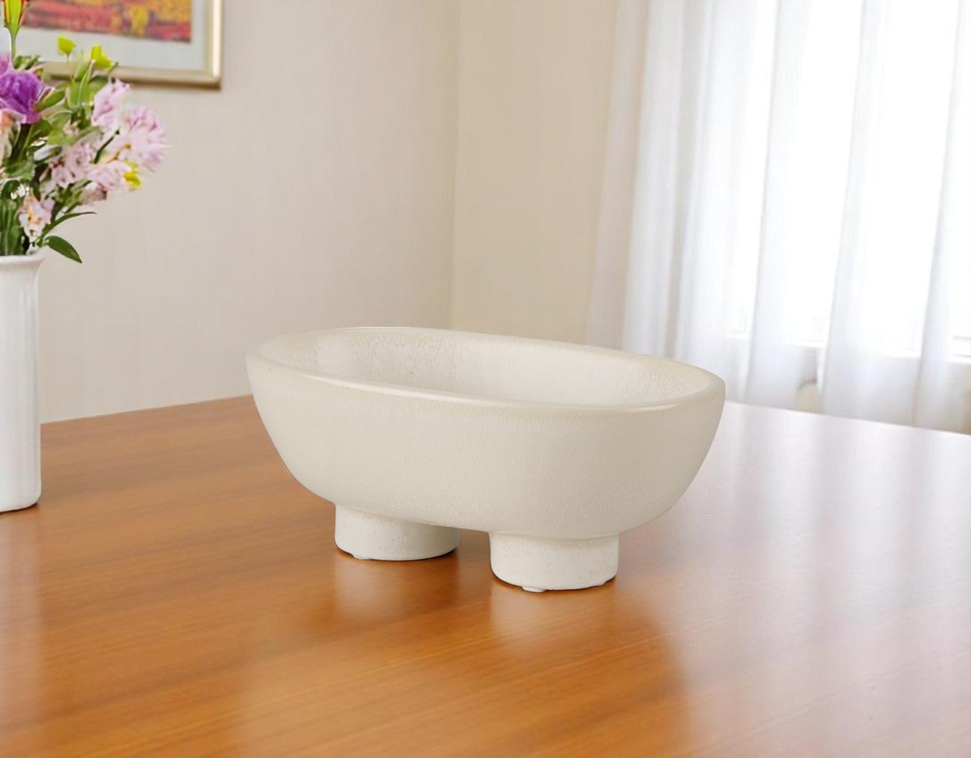 8'' Cream Ceramic Oval Pedestal Centerpiece Bowl