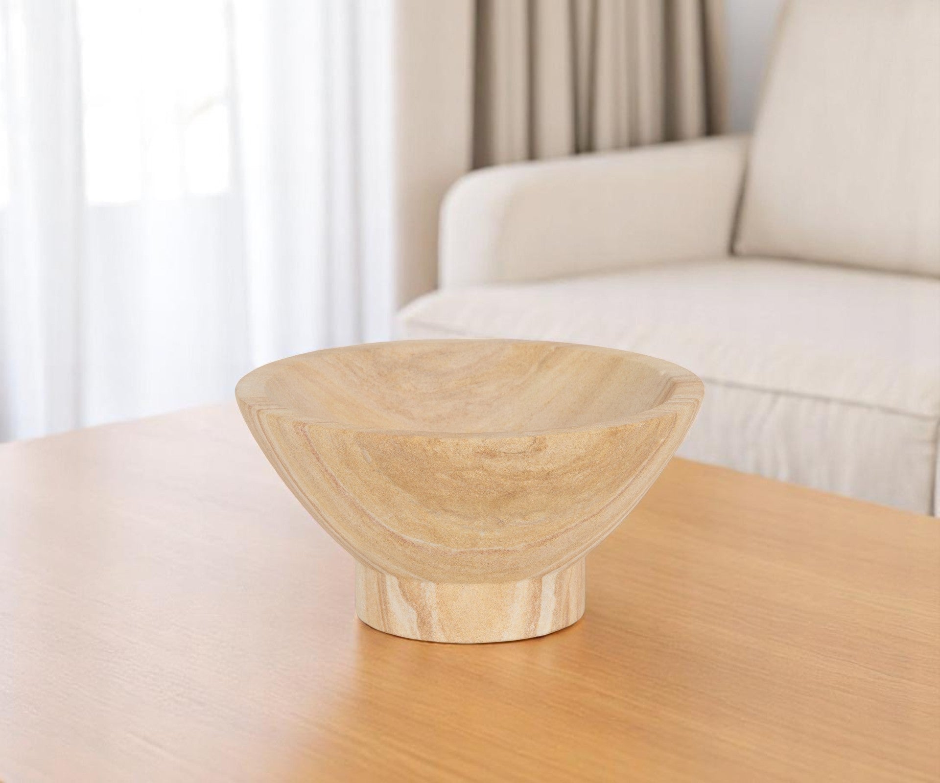 8'' Beige Sandstone Round Pedestal Centerpiece Bowl