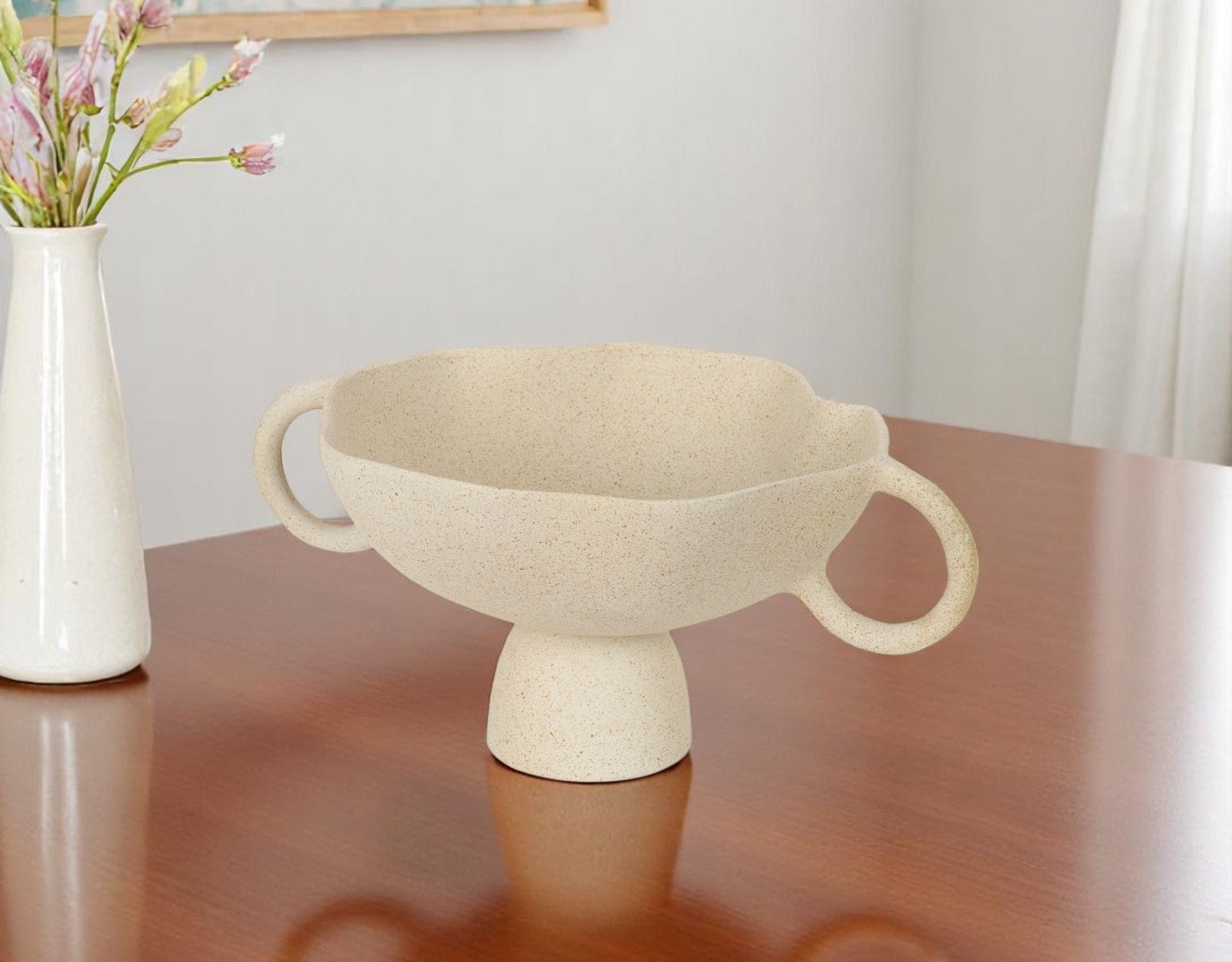 11'' Beige Cast Aluminum Round Pedestal Centerpiece Bowl With Handles