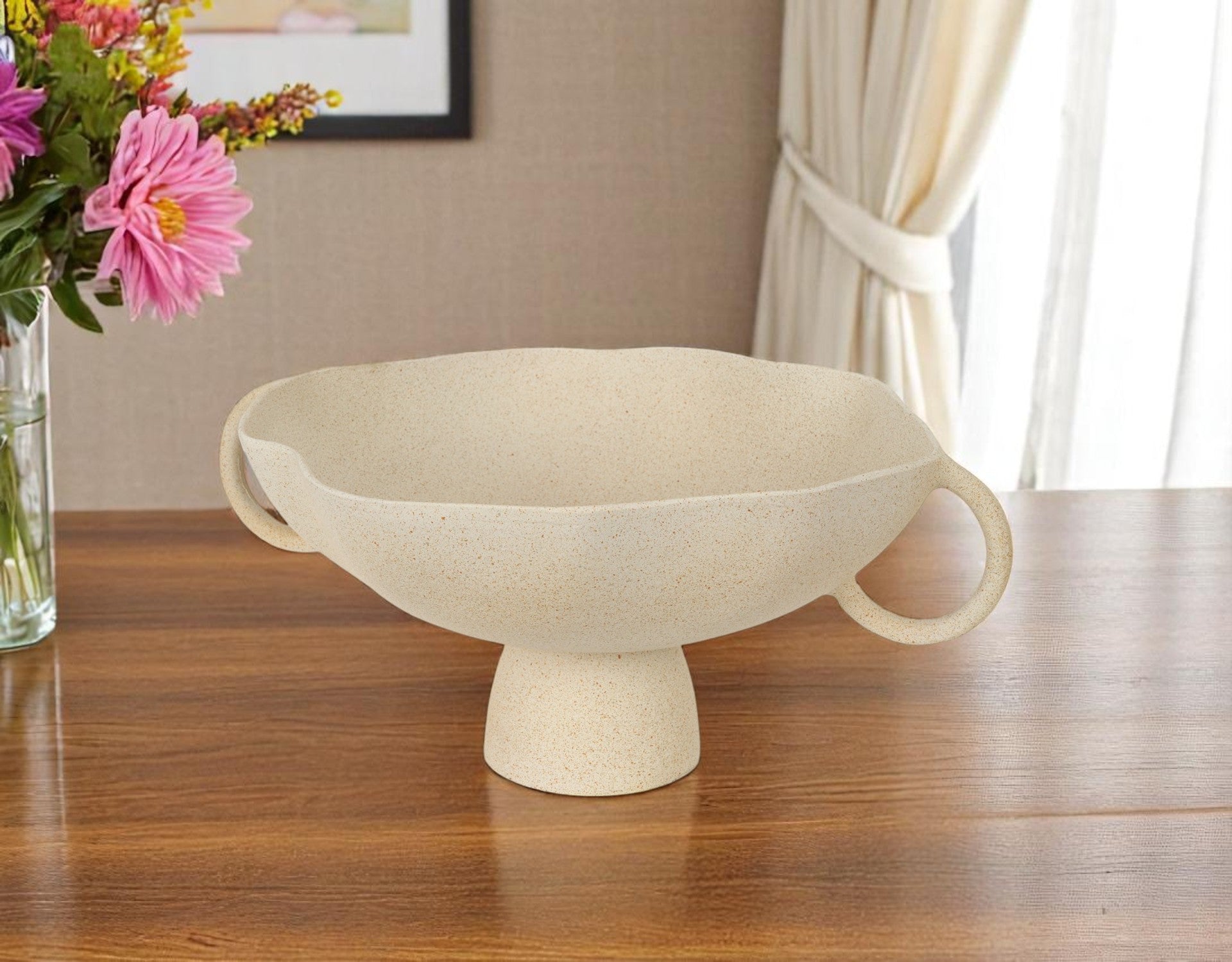 16'' Beige Cast Aluminum Round Pedestal Centerpiece Bowl With Handles