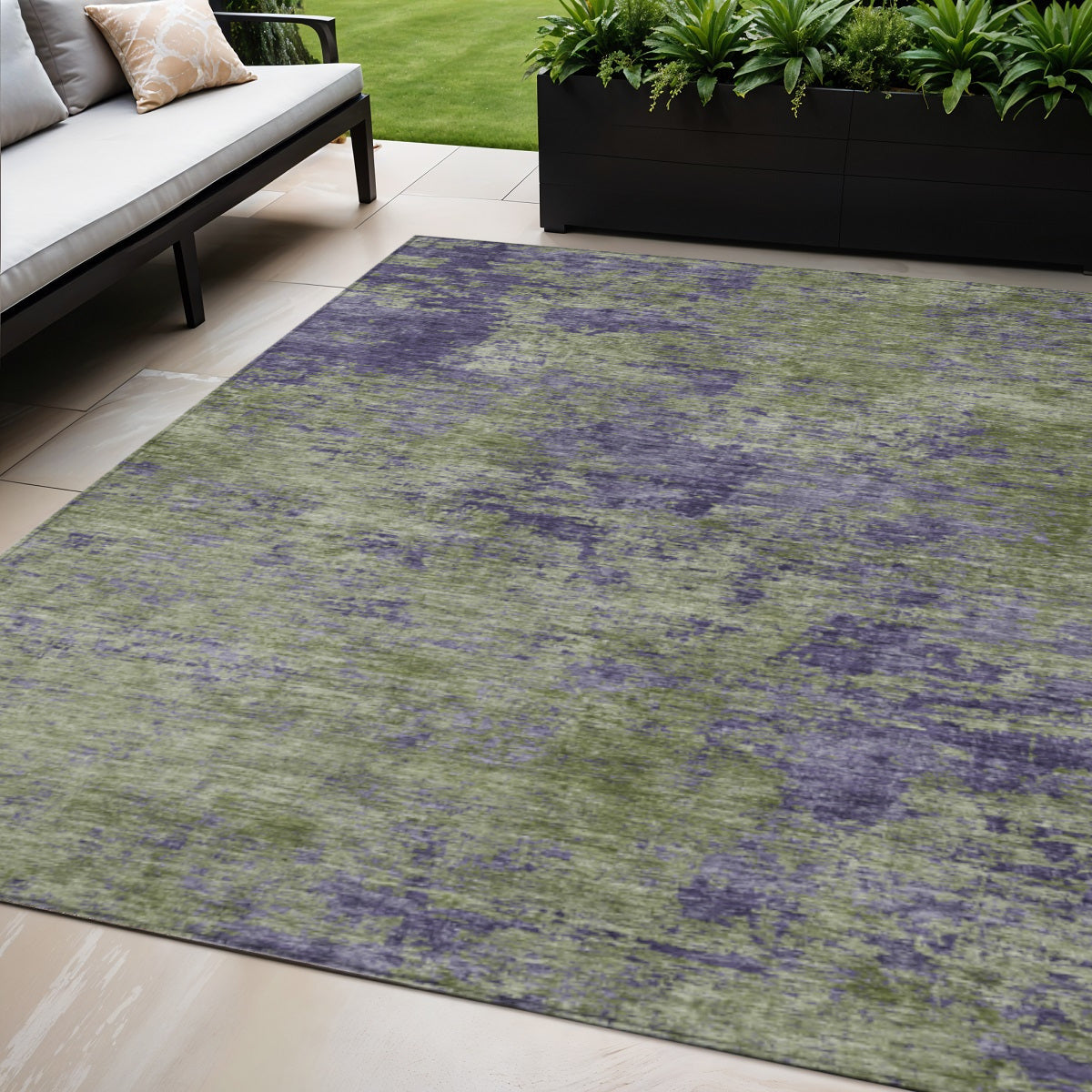 5 X 8 Olive Green And Dark Purple Abstract Washable Indoor Outdoor Area Rug