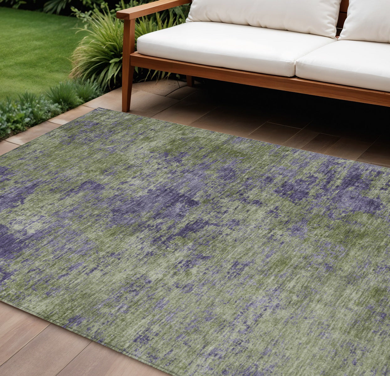 10 X 14 Olive Green And Dark Purple Abstract Washable Indoor Outdoor Area Rug