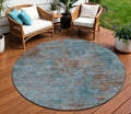 8 Teal Blue And Brown Round Abstract Washable Indoor Outdoor Area Rug