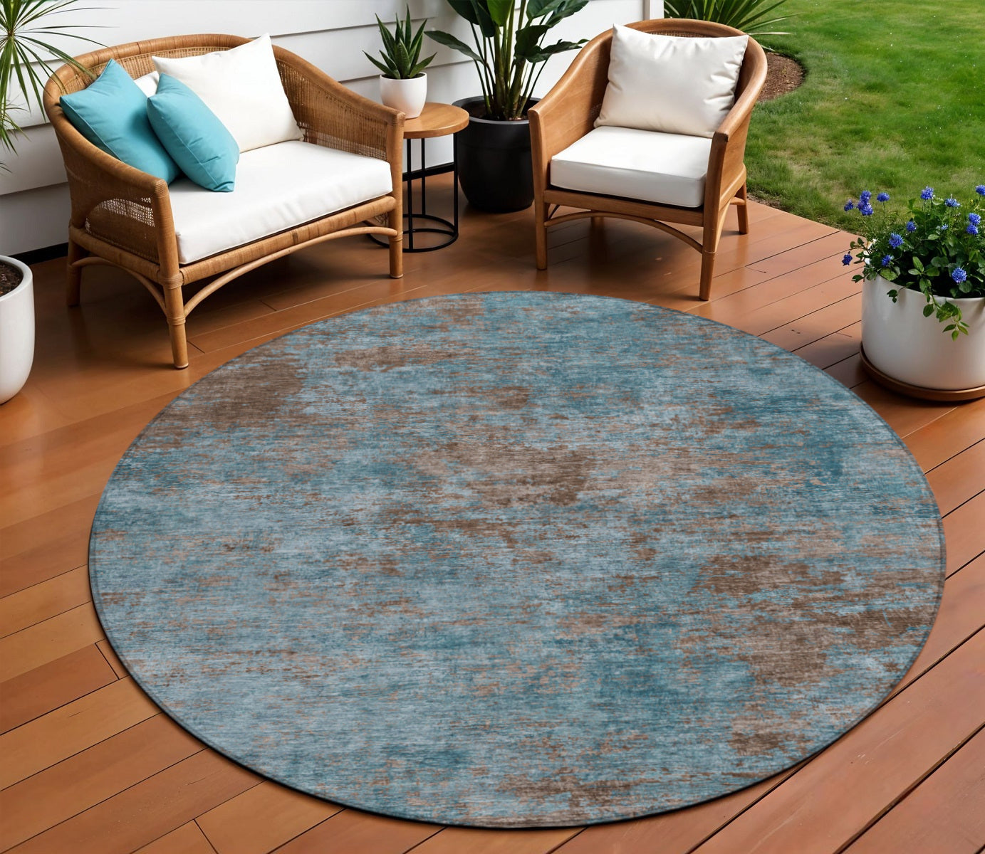 8 Teal Blue And Brown Round Abstract Washable Indoor Outdoor Area Rug