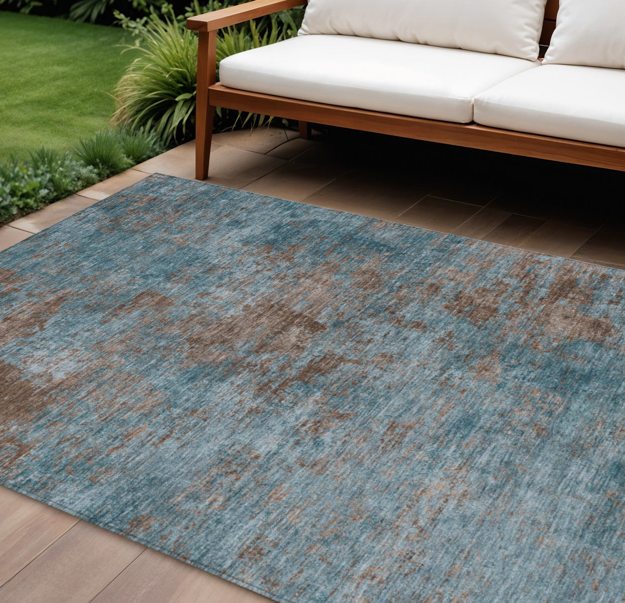 10 X 14 Teal Blue And Brown Abstract Washable Indoor Outdoor Area Rug