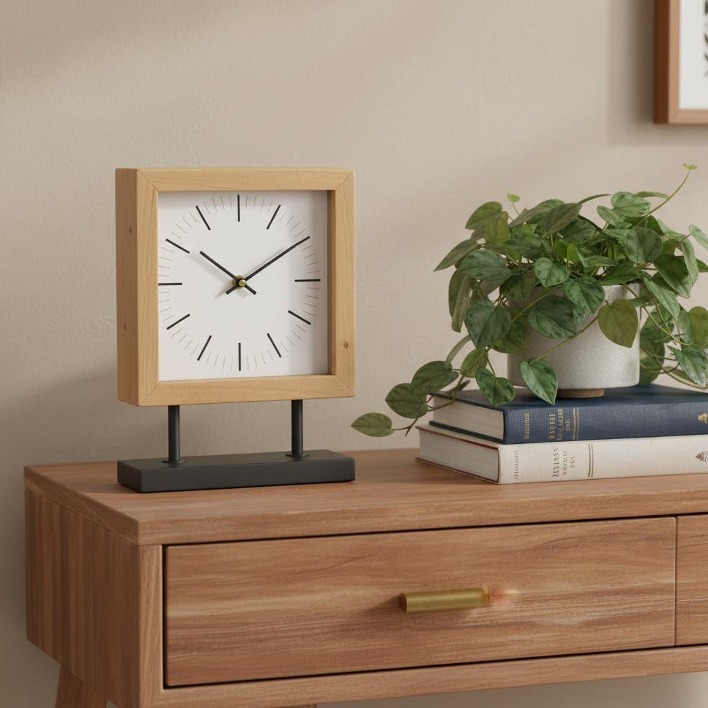 11 Natural And Black Solid Wood And Metal Square Table Clock
