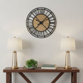 30 Black And Natural Iron And Wood Analog Round Wall Clock