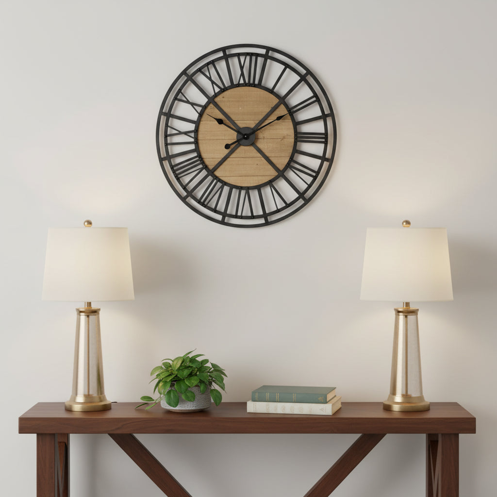 30 Black And Natural Iron And Wood Analog Round Wall Clock