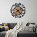 42 Black And Natural Iron And Wood Analog Round Wall Clock