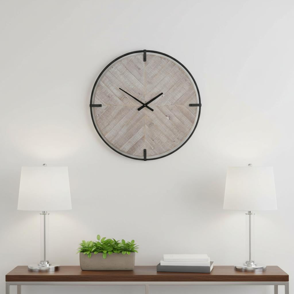 33 Black And Natural Metal And Solid Wood Analog Distressed Round Wall Clock