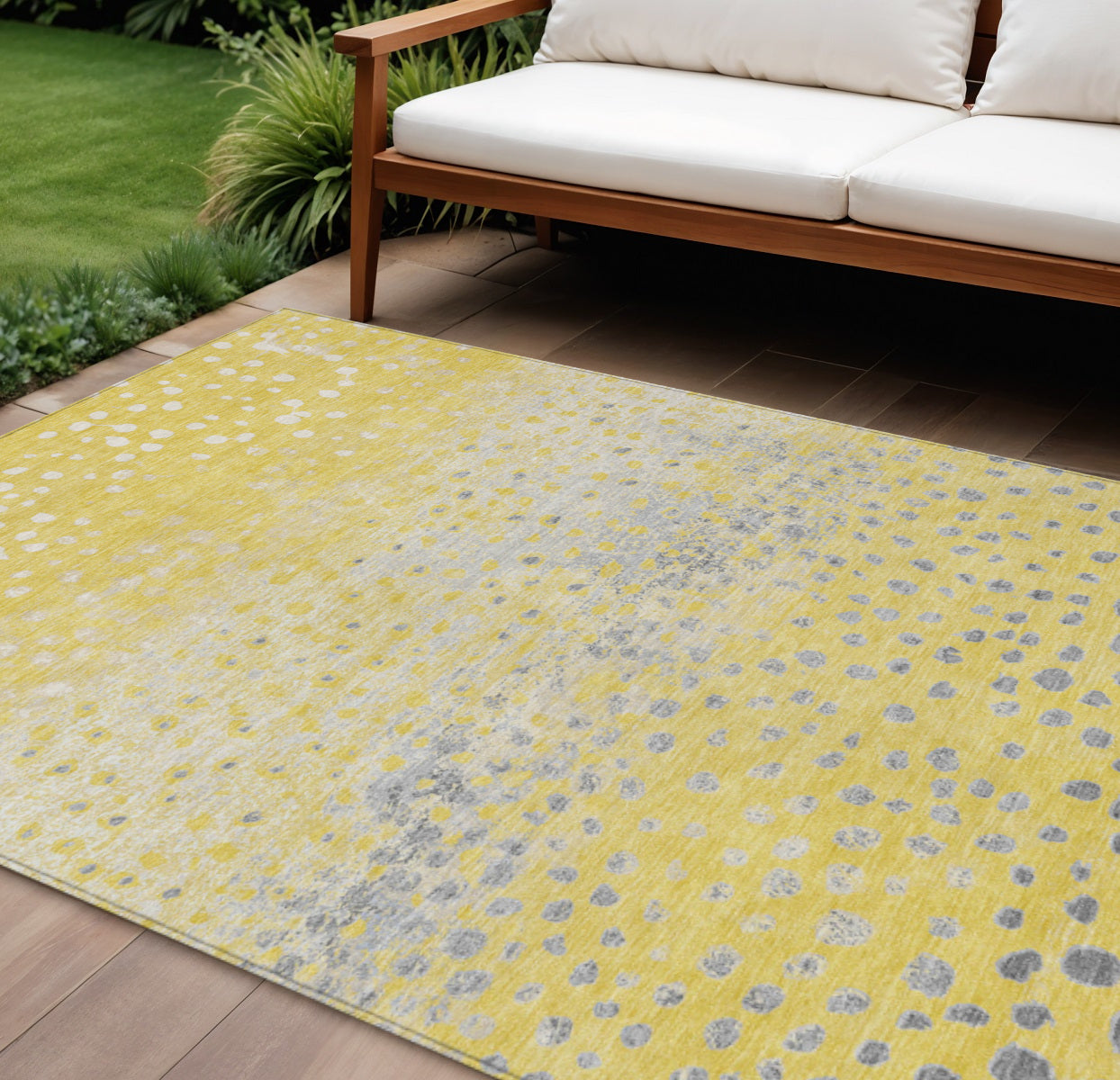 10 X 14 Yellow And Gold Abstract Washable Indoor Outdoor Area Rug