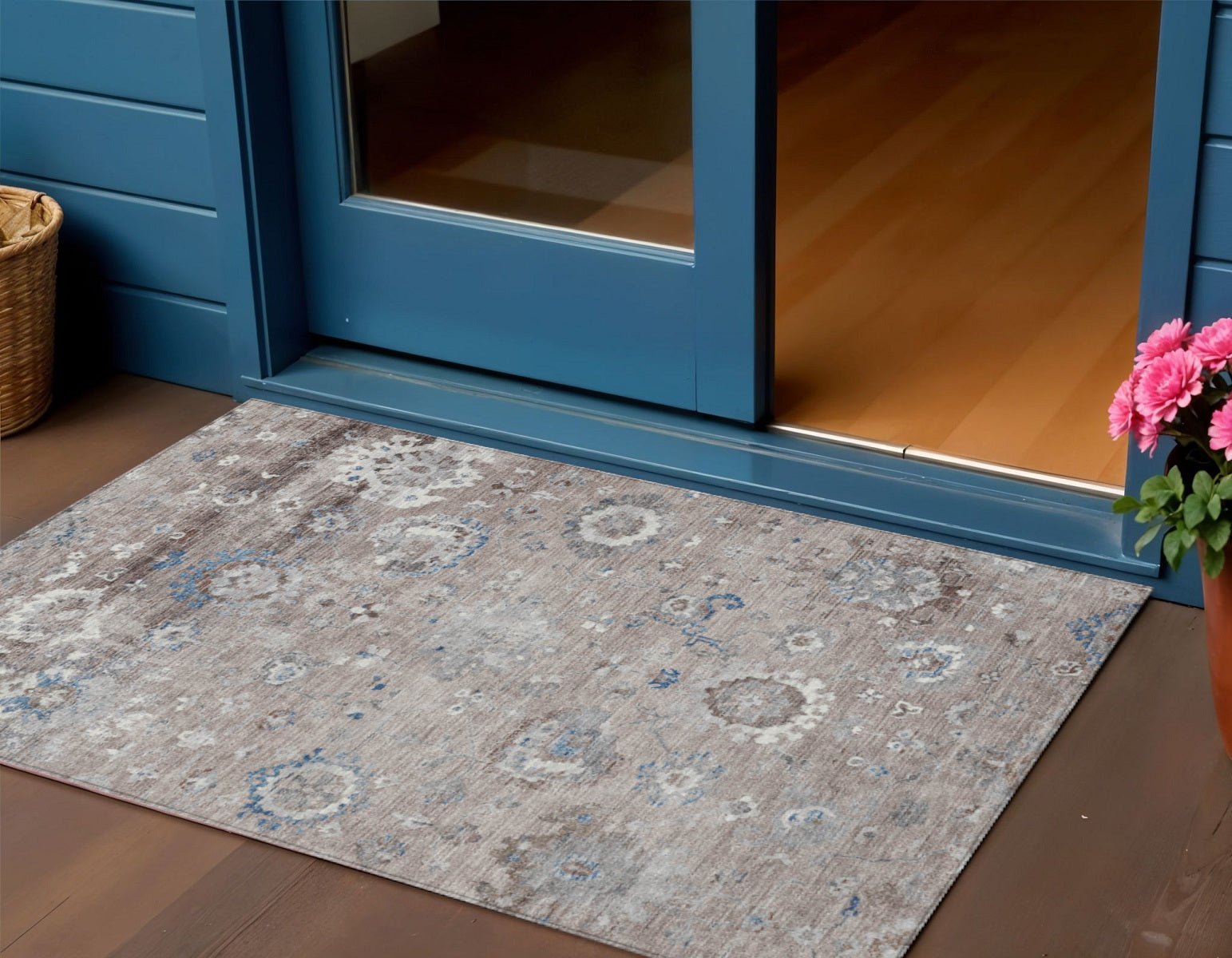 3 X 5 Taupe And Brown Floral Washable Indoor Outdoor Area Rug