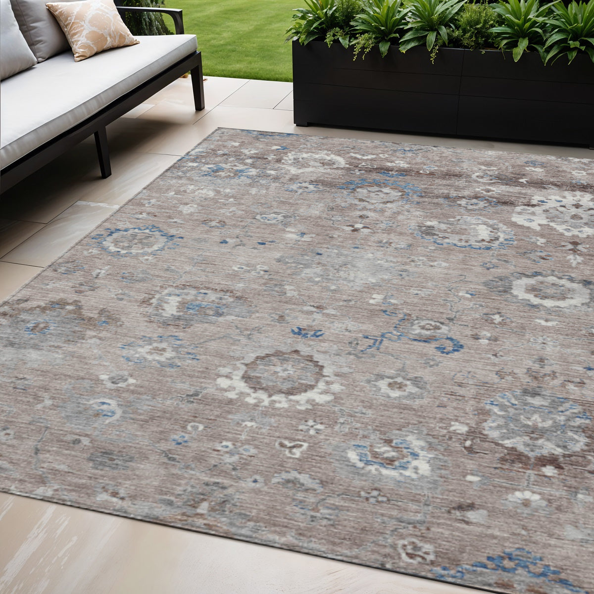 5 X 8 Taupe And Brown Floral Washable Indoor Outdoor Area Rug