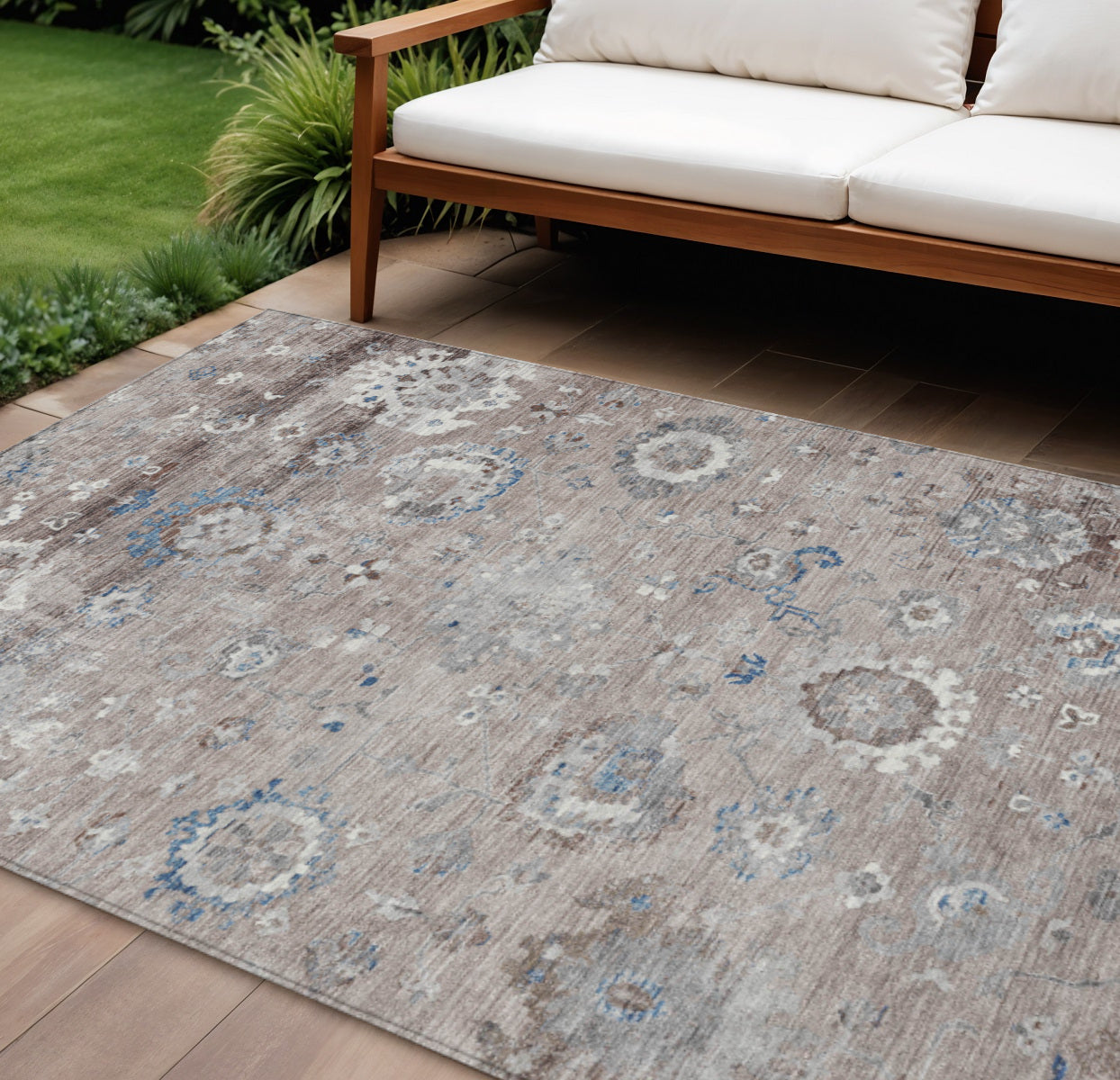 8 X 10 Taupe And Brown Floral Washable Indoor Outdoor Area Rug