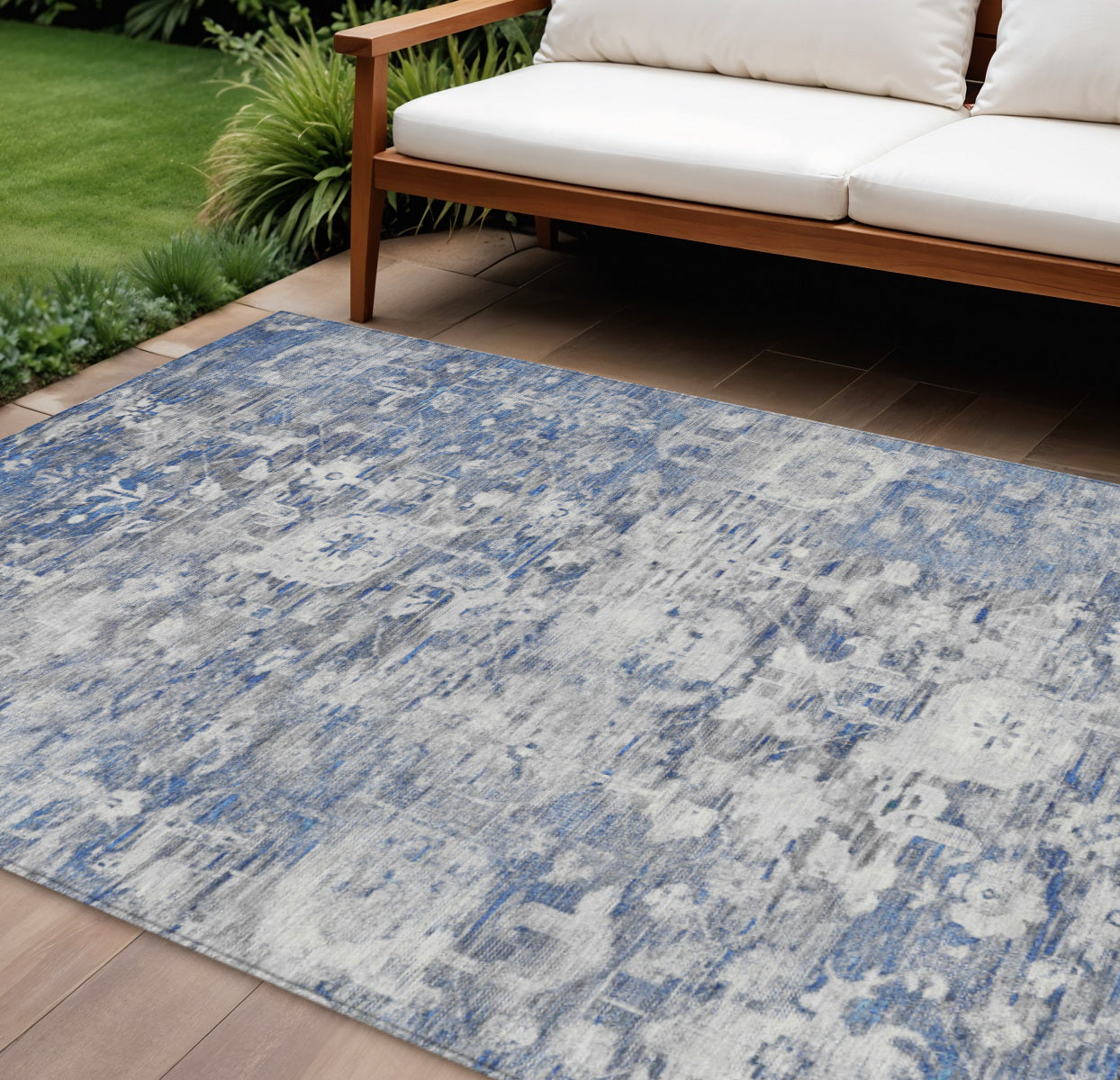 9 X 12 Blue And Denim Blue Floral Washable Indoor Outdoor Area Rug