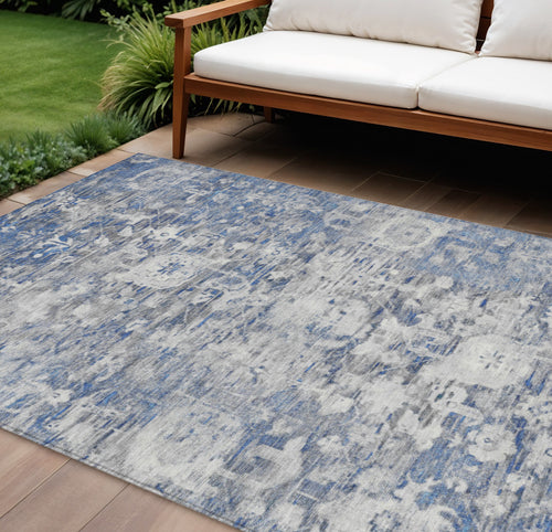 10 X 14 Blue And Denim Blue Floral Washable Indoor Outdoor Area Rug