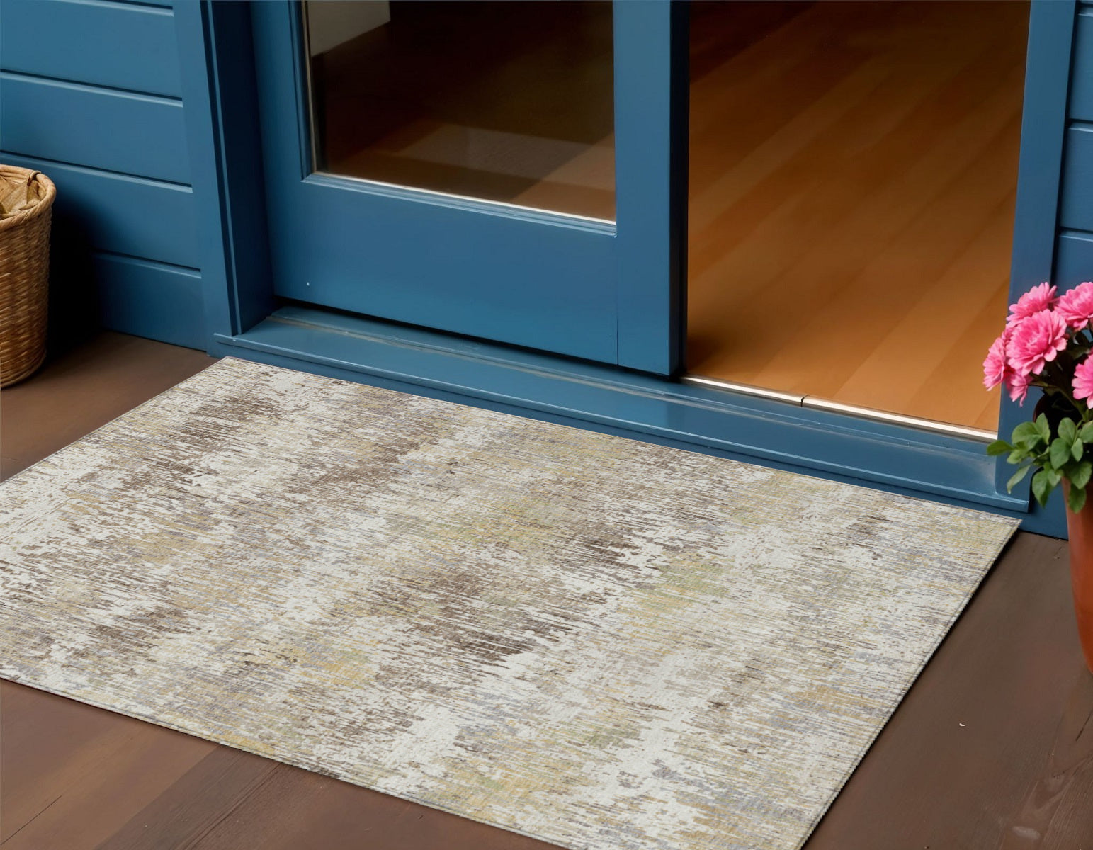 3 X 5 Ivory And Taupe Striped Washable Indoor Outdoor Area Rug