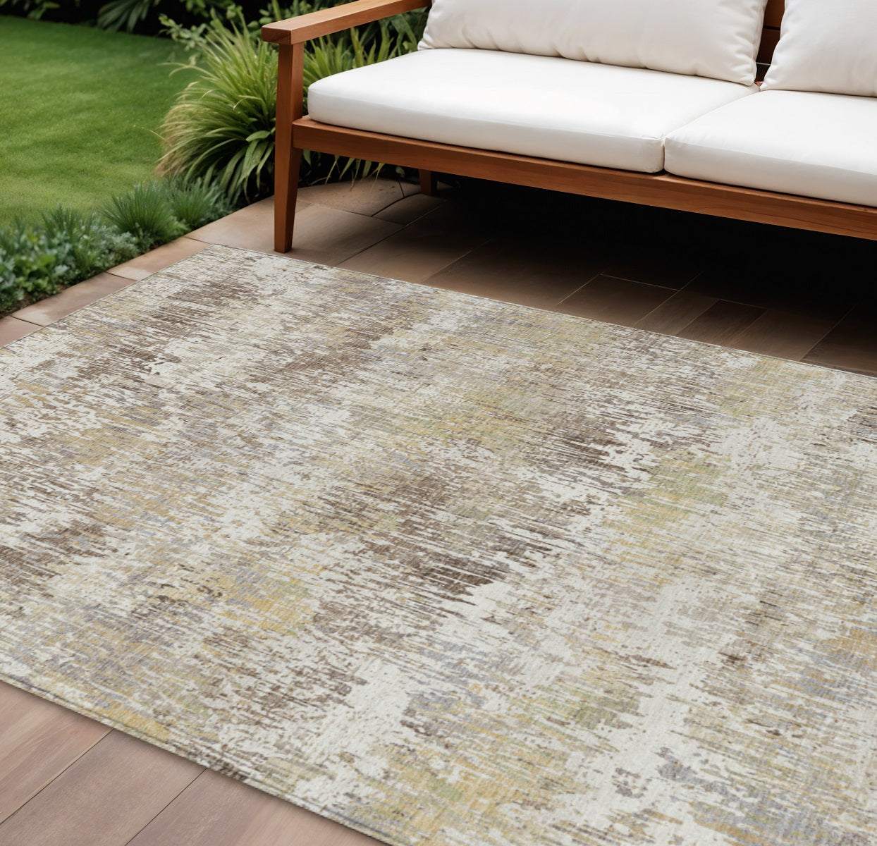8 X 10 Ivory And Taupe Striped Washable Indoor Outdoor Area Rug