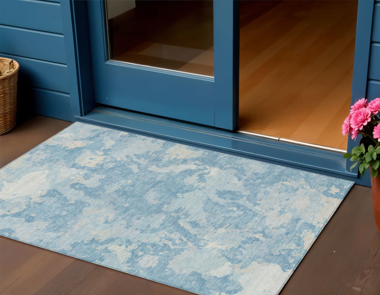 3 X 5 Sky Blue And Denim Blue Abstract Washable Indoor Outdoor Area Rug