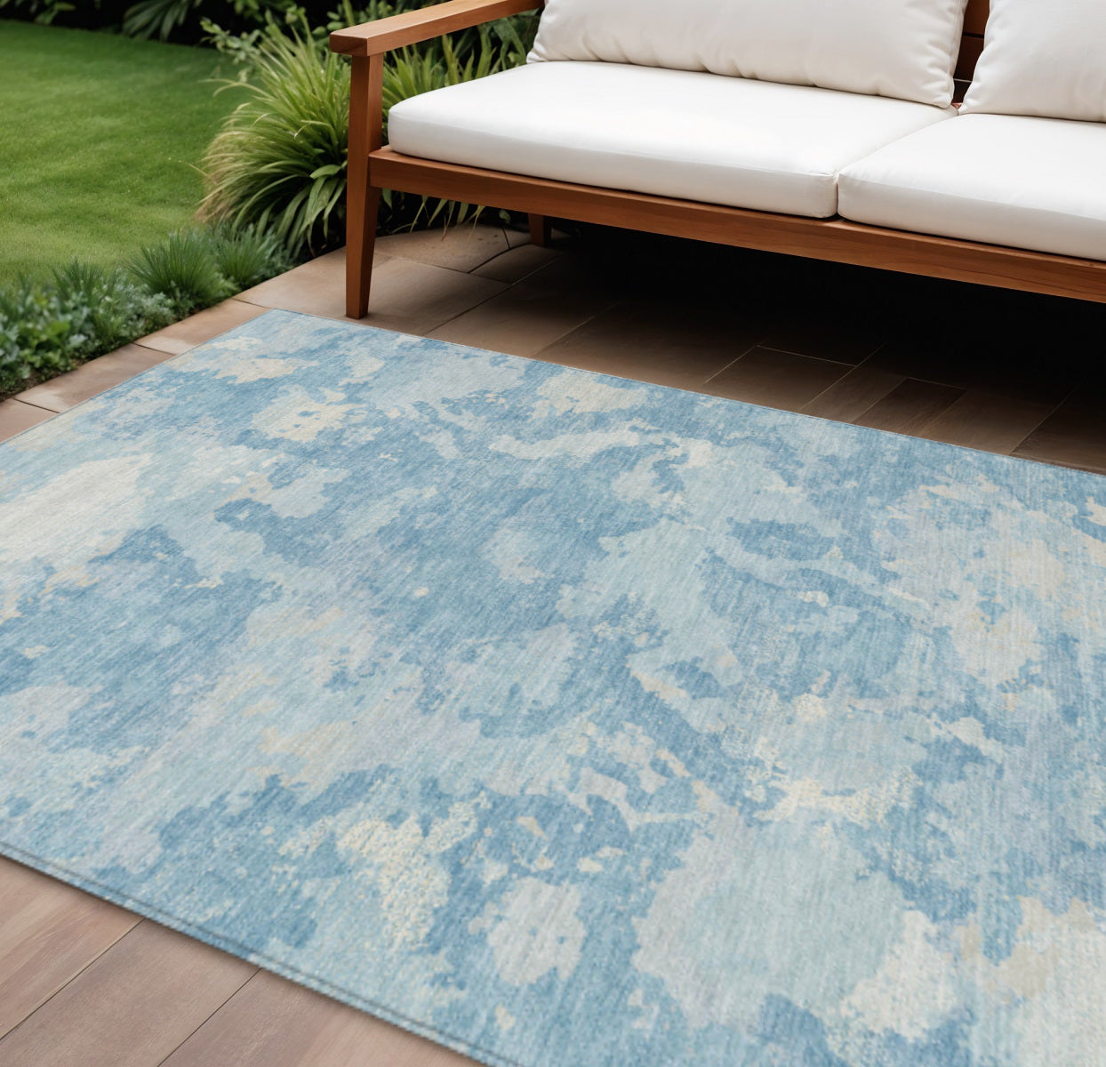 9 X 12 Sky Blue And Denim Blue Abstract Washable Indoor Outdoor Area Rug