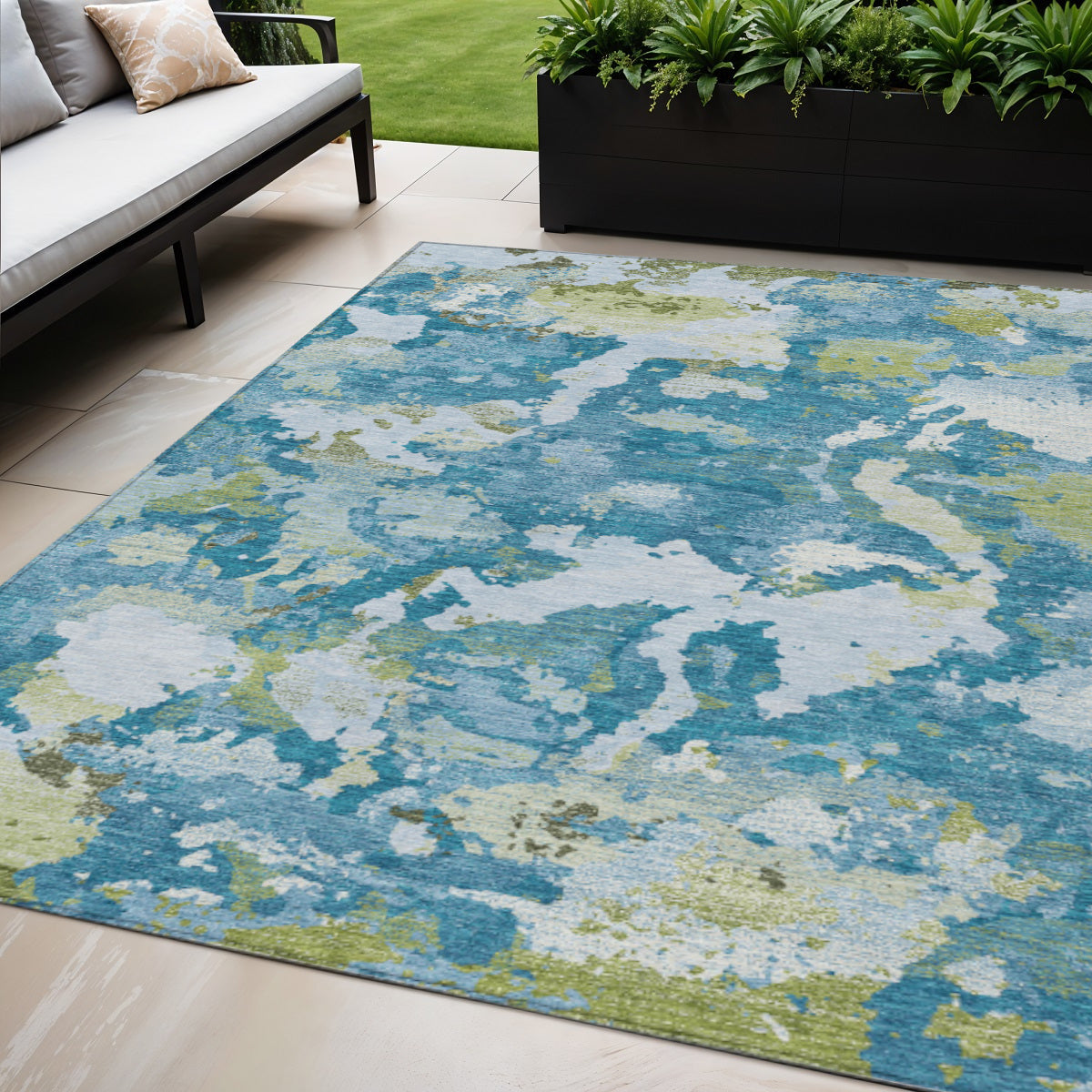 5 X 8 Denim Blue And Olive Green Abstract Washable Indoor Outdoor Area Rug