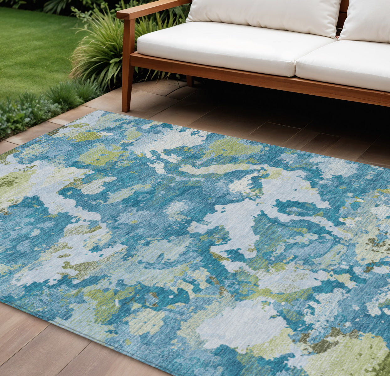 8 X 10 Denim Blue And Olive Green Abstract Washable Indoor Outdoor Area Rug