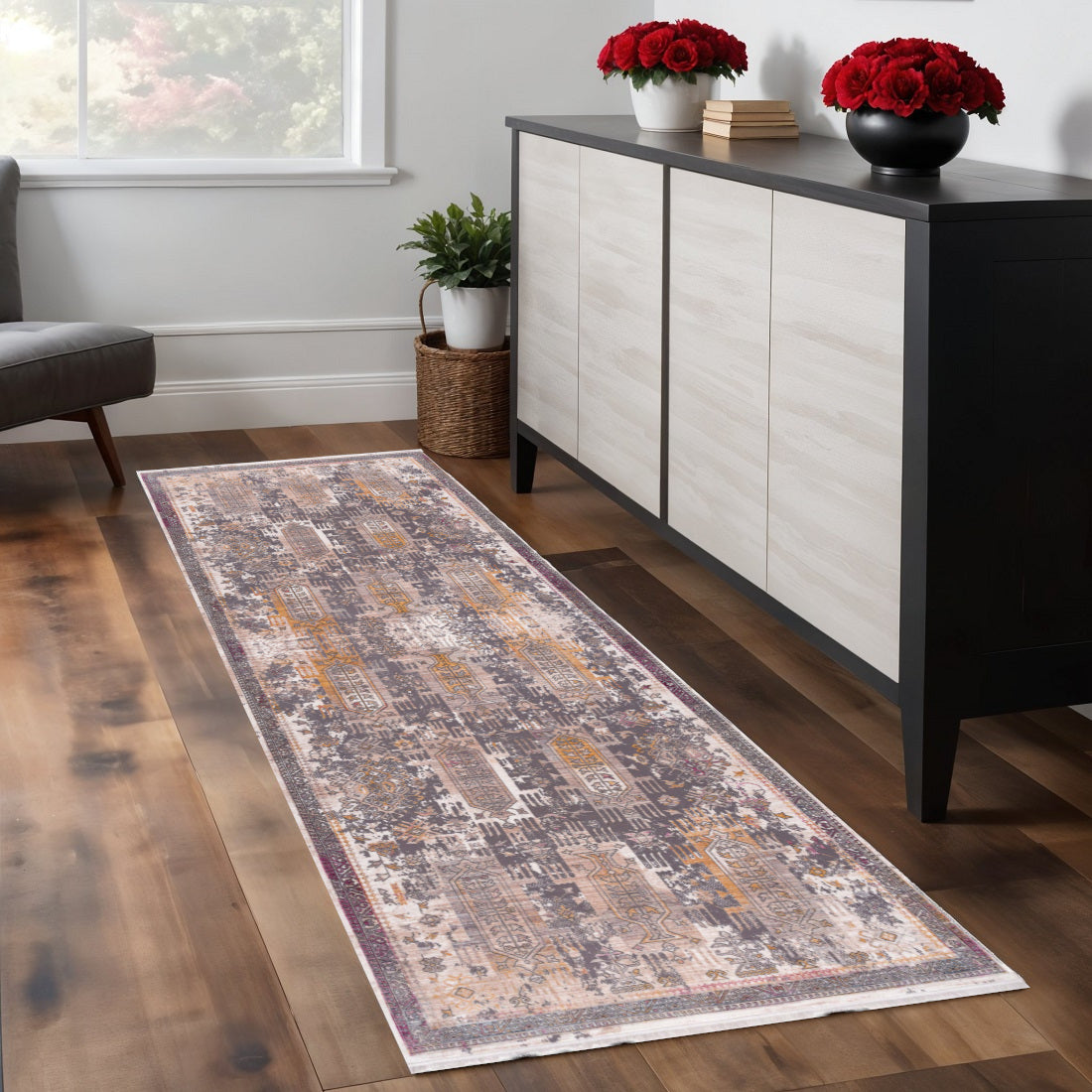 7 Gray Beige And Orange Southwestern Runner Rug