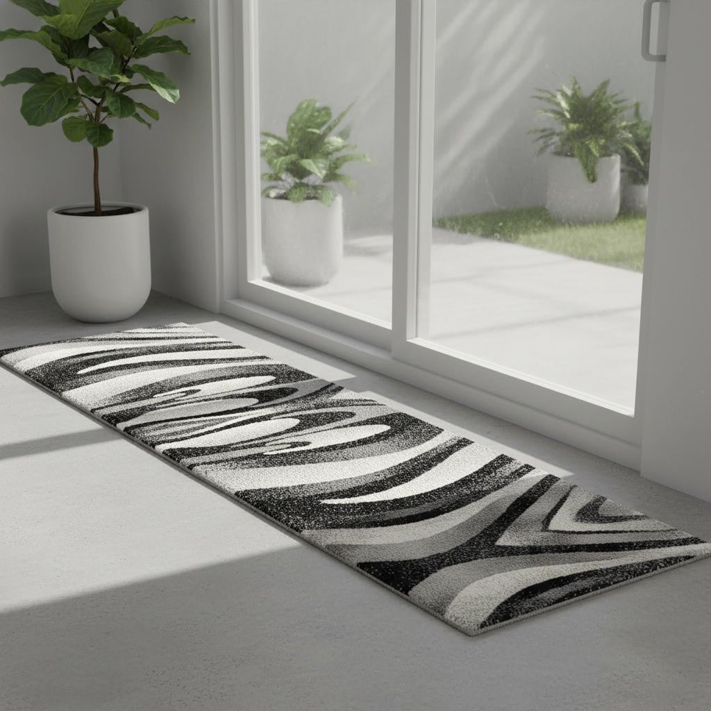 7 Black And Gray Abstract Runner Rug