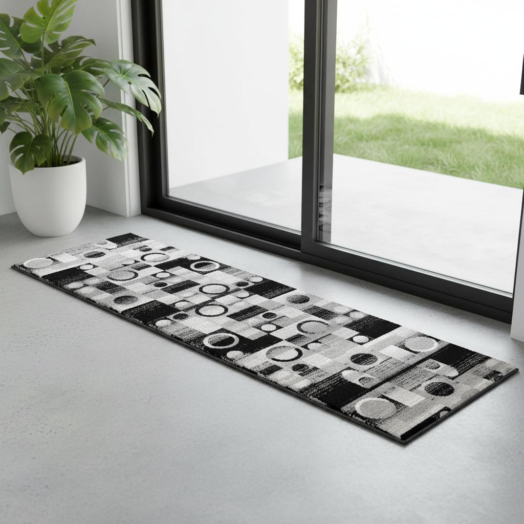 7 Black And Gray Geometric Runner Rug