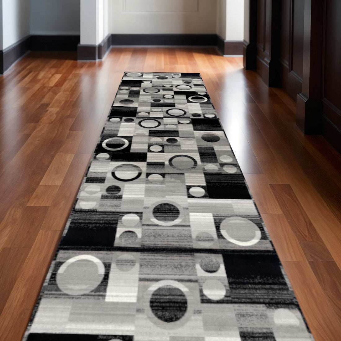 2 X 30 Black And Gray Geometric Area Rug