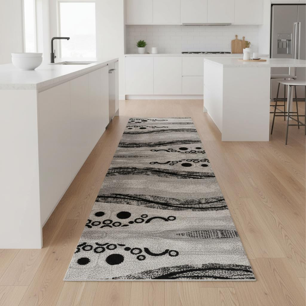9 Gray And Black Geometric Runner Rug
