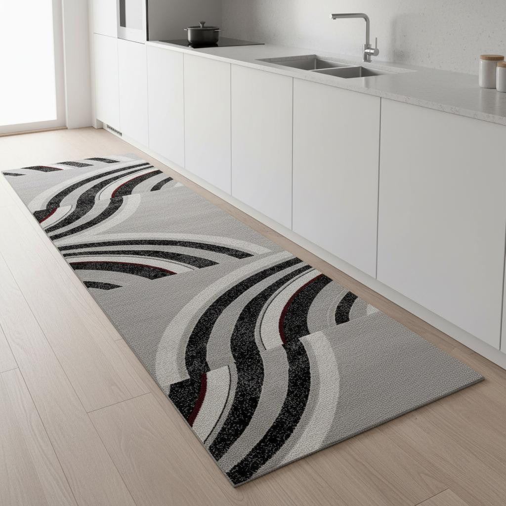 9 Gray And Black Abstract Runner Rug